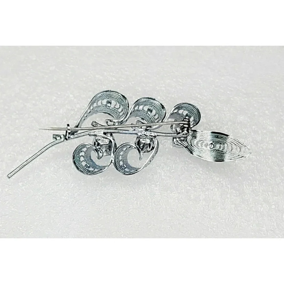 Curled Leaf Brooch Silver Tone with AB Stones - Picture 5 of 7